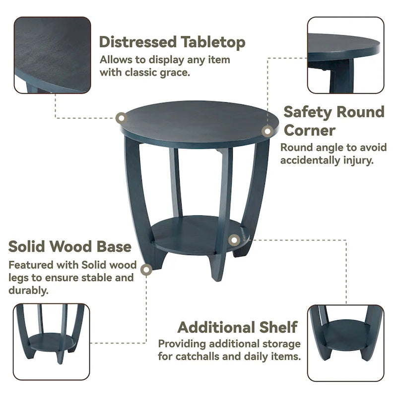 Round Rustic Farmhouse End Table with Storage Shelf