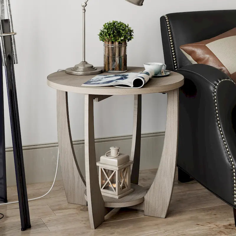 Round Rustic Farmhouse End Table with Storage Shelf