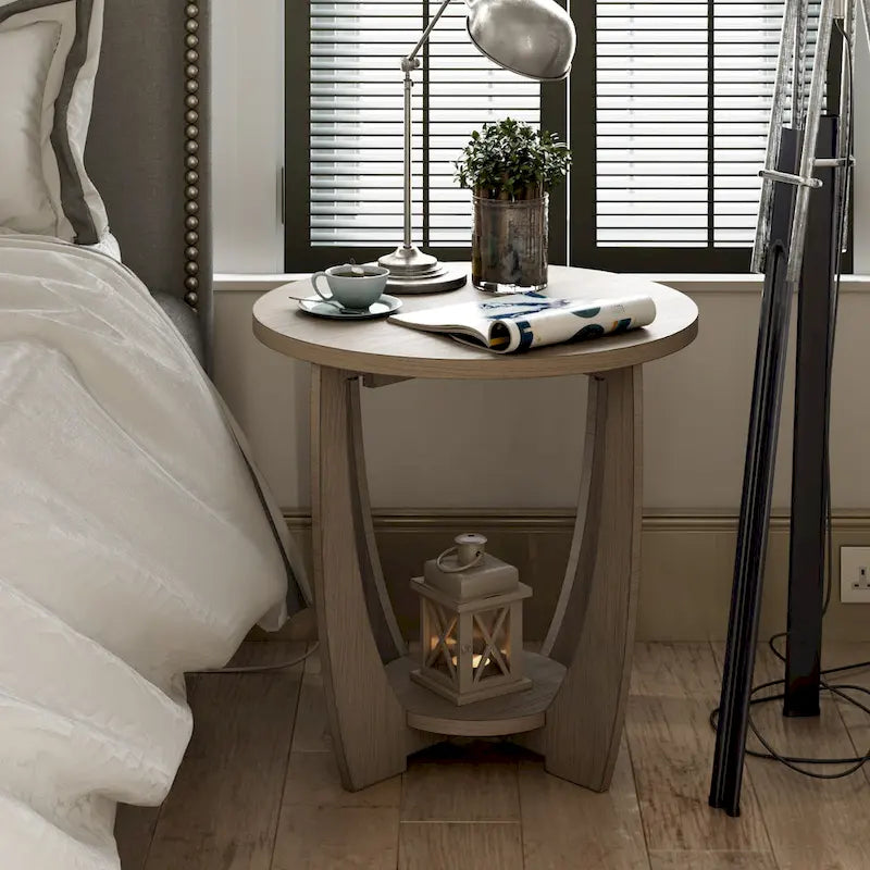 Round Rustic Farmhouse End Table with Storage Shelf