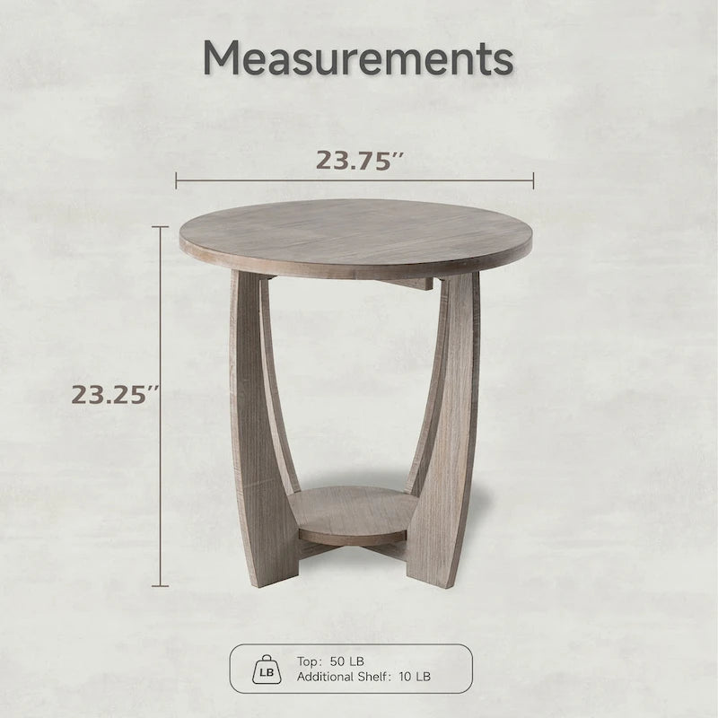 Round Rustic Farmhouse End Table with Storage Shelf