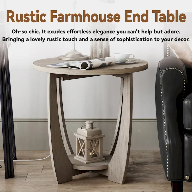 Round Rustic Farmhouse End Table with Storage Shelf