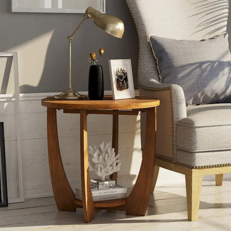 Round Rustic Farmhouse End Table with Storage Shelf