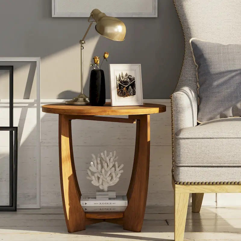 Round Rustic Farmhouse End Table with Storage Shelf