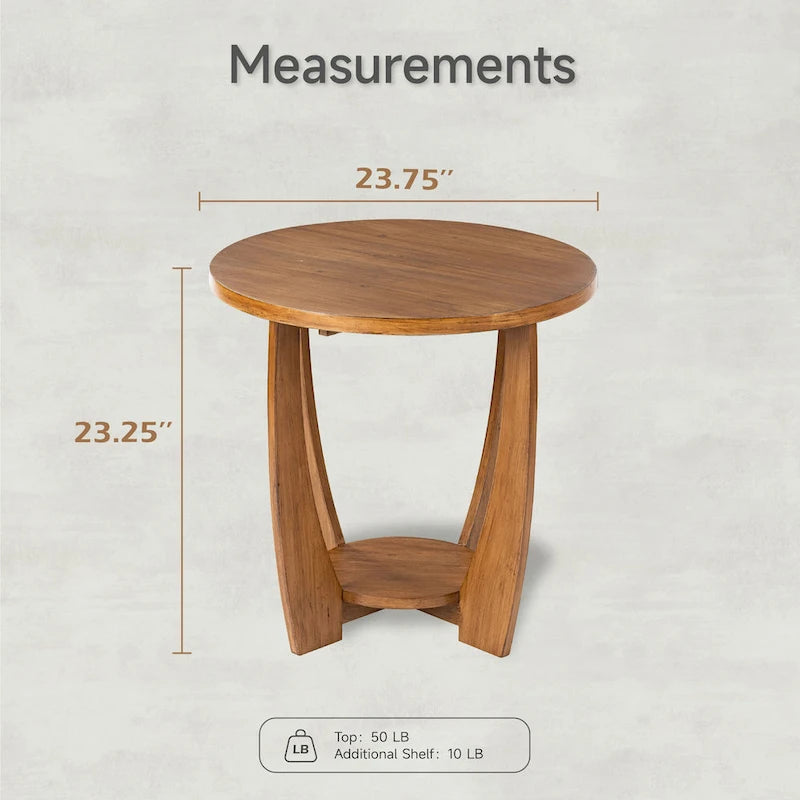 Round Rustic Farmhouse End Table with Storage Shelf
