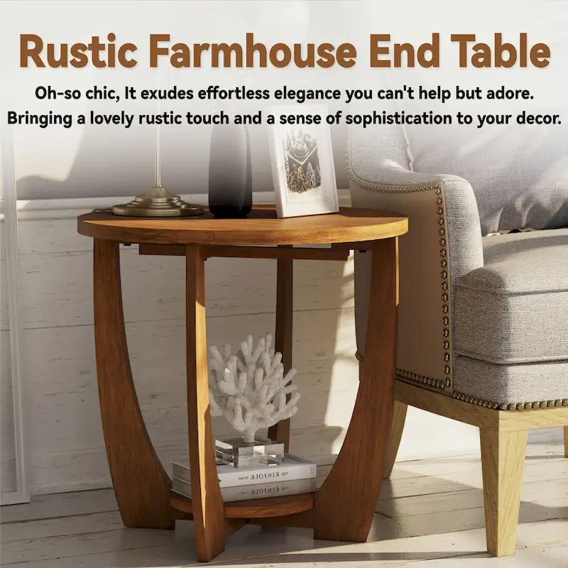 Round Rustic Farmhouse End Table with Storage Shelf