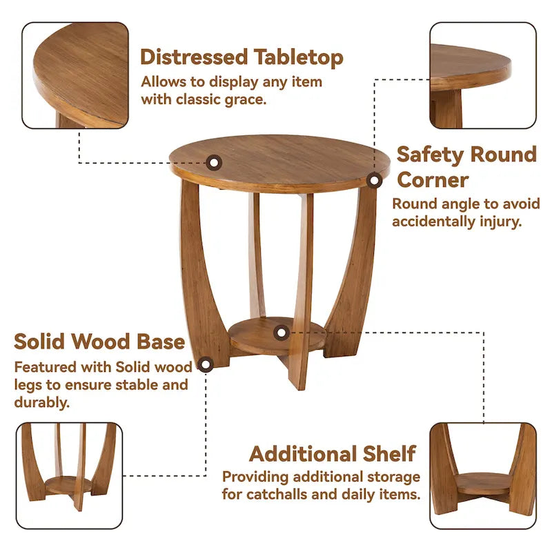 Round Rustic Farmhouse End Table with Storage Shelf