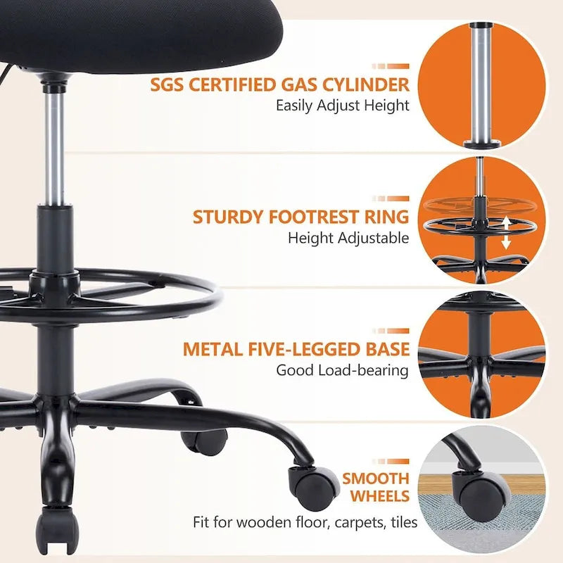 Ergonomic Drafting Chair for Standing Desks with Adjustable Foot Ring