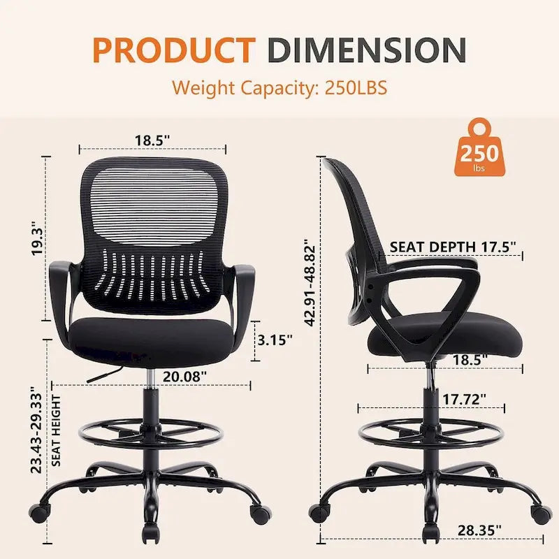 Ergonomic Drafting Chair for Standing Desks with Adjustable Foot Ring