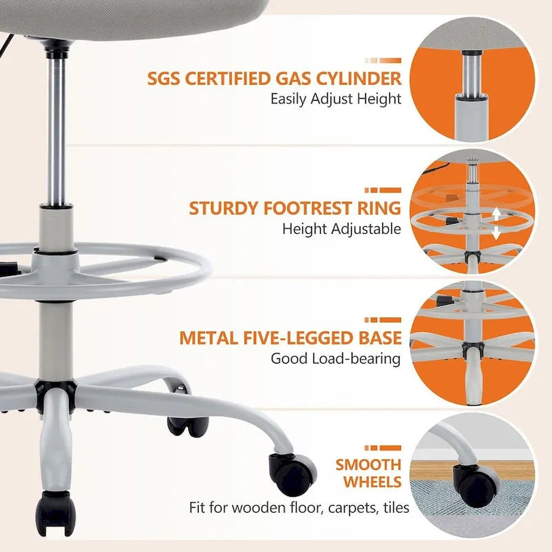 Ergonomic Drafting Chair for Standing Desks with Adjustable Foot Ring