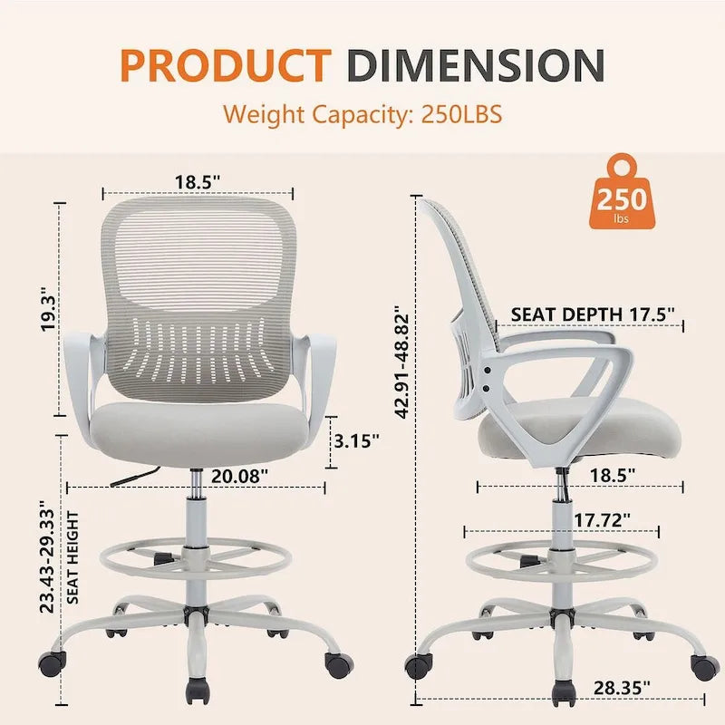 Ergonomic Drafting Chair for Standing Desks with Adjustable Foot Ring