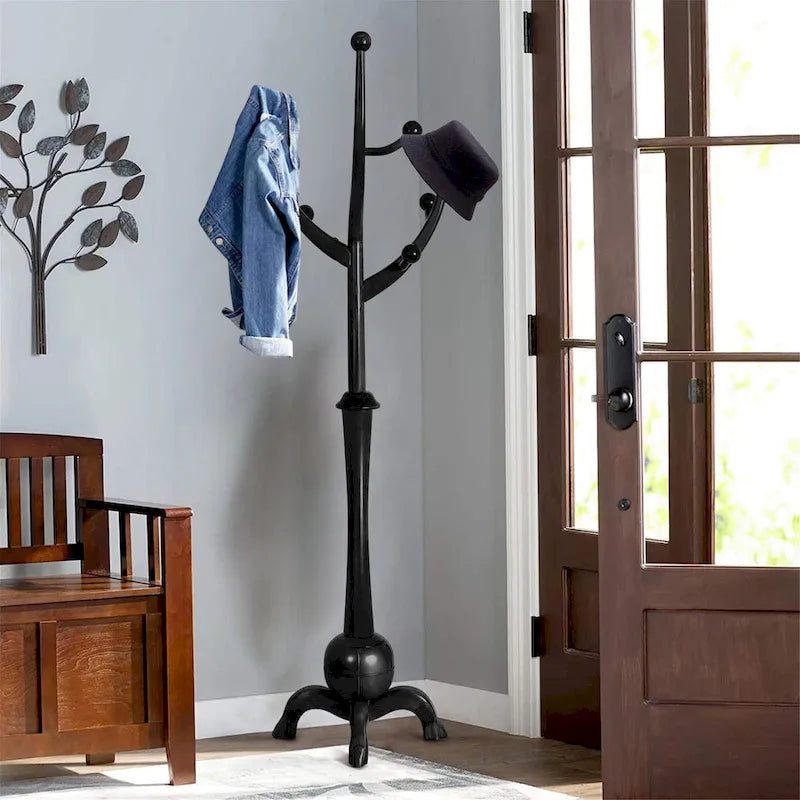 Freestanding Rubberwood Coat Rack with 8 Hooks