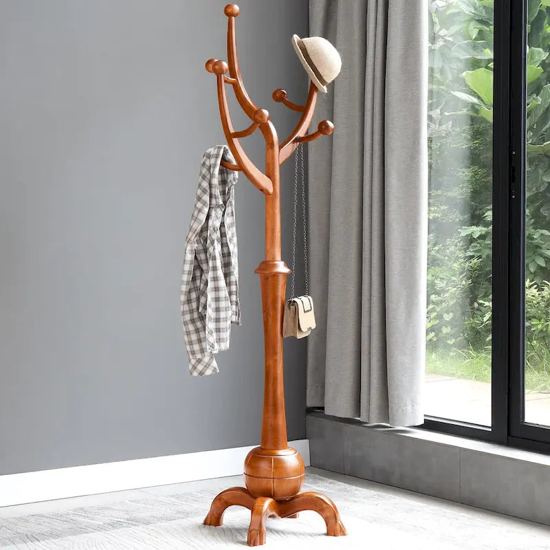 Freestanding Rubberwood Coat Rack with 8 Hooks