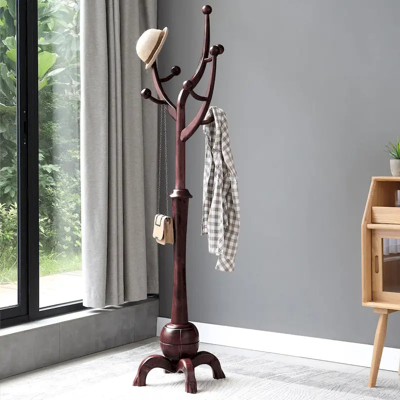 Freestanding Rubberwood Coat Rack with 8 Hooks