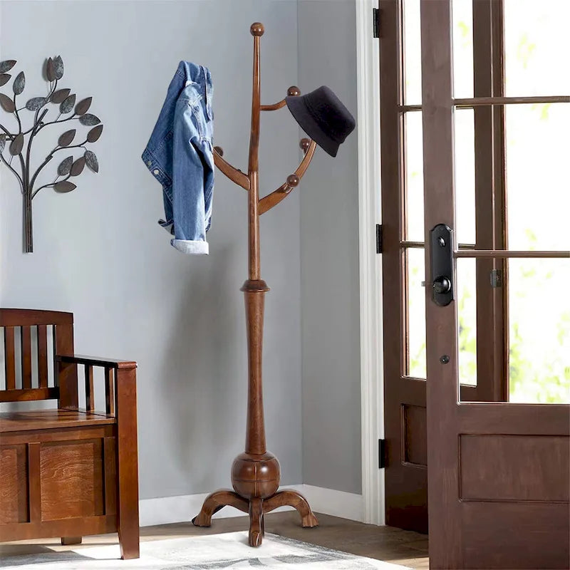 Freestanding Rubberwood Coat Rack with 8 Hooks