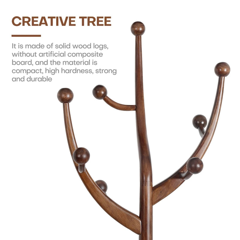 Freestanding Rubberwood Coat Rack with 8 Hooks