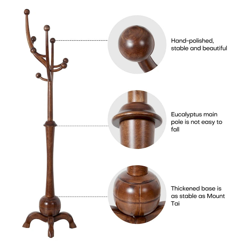 Freestanding Rubberwood Coat Rack with 8 Hooks