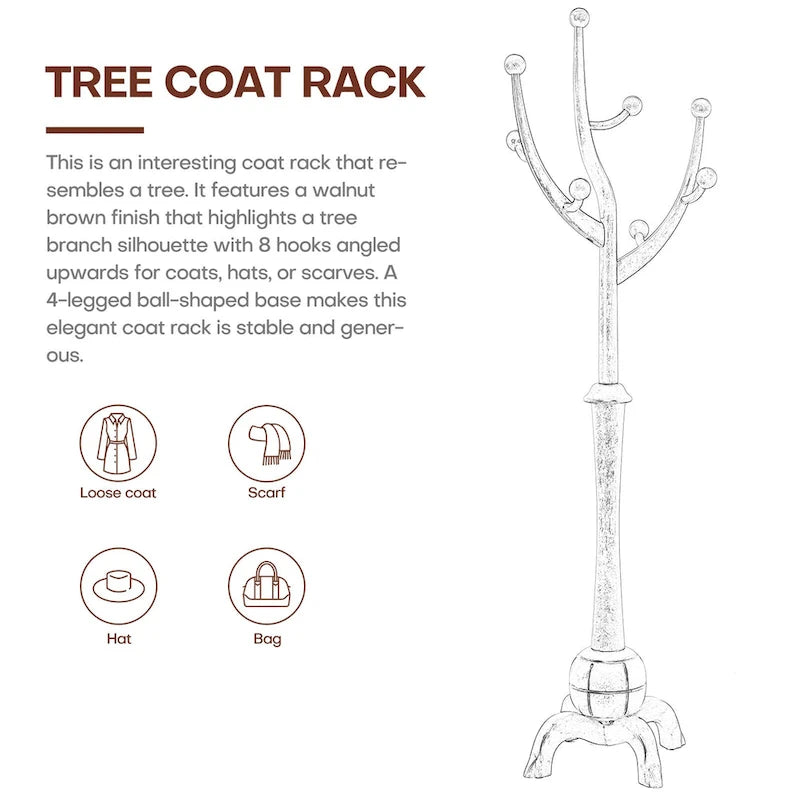 Freestanding Rubberwood Coat Rack with 8 Hooks