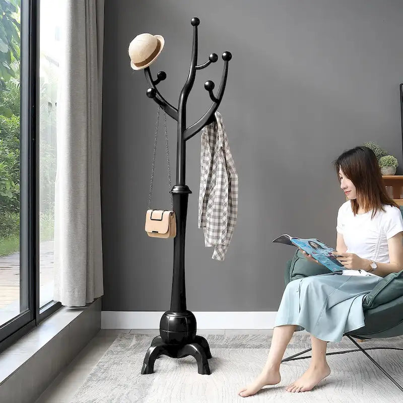 Freestanding Rubberwood Coat Rack with 8 Hooks