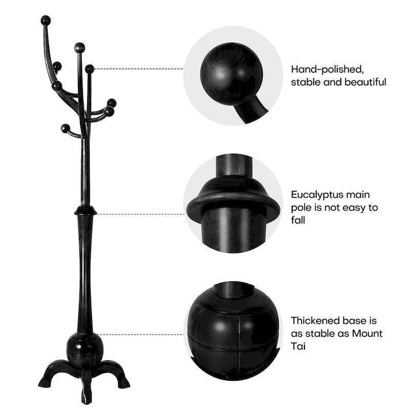 Freestanding Rubberwood Coat Rack with 8 Hooks