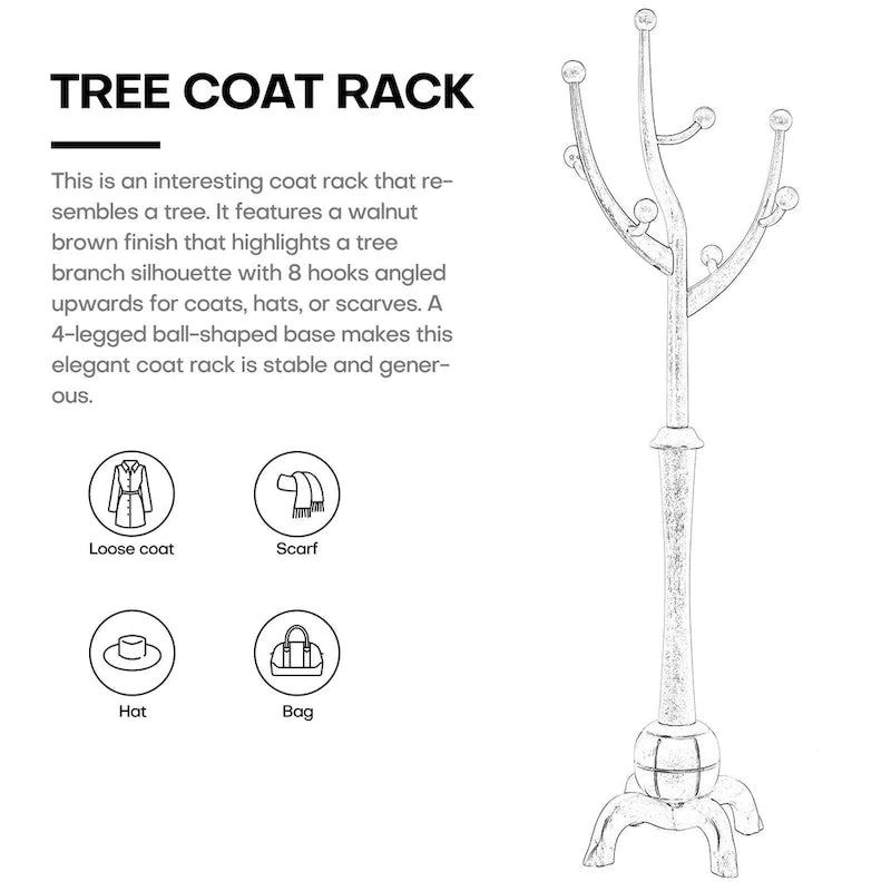 Freestanding Rubberwood Coat Rack with 8 Hooks