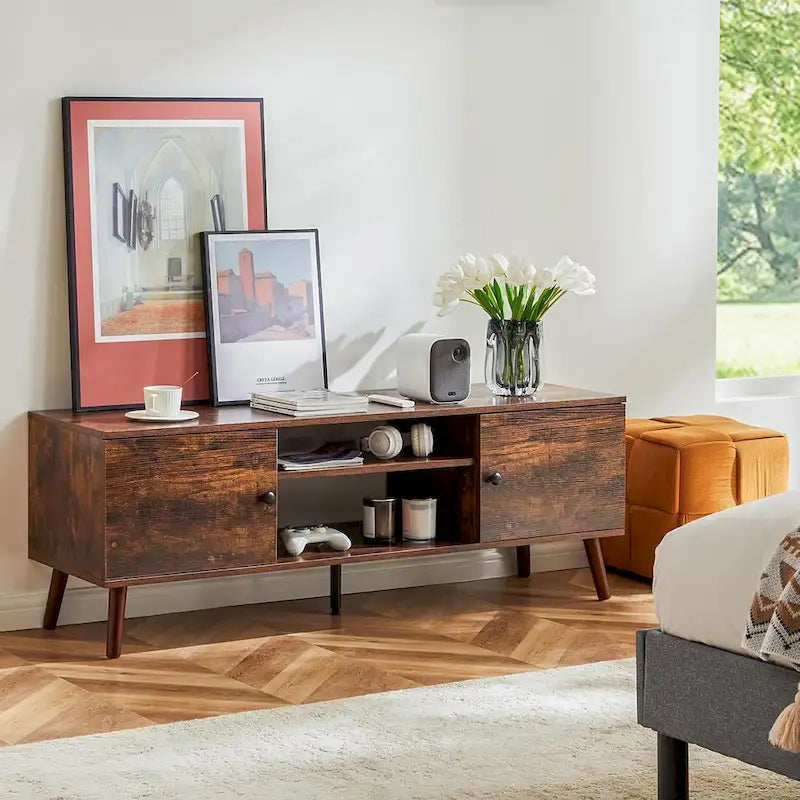 TV Stand for 55 60 inch TV, Entertainment Center with Storage Cabinet, Mid Century Modern Media Console Table, Adjustable Hinge