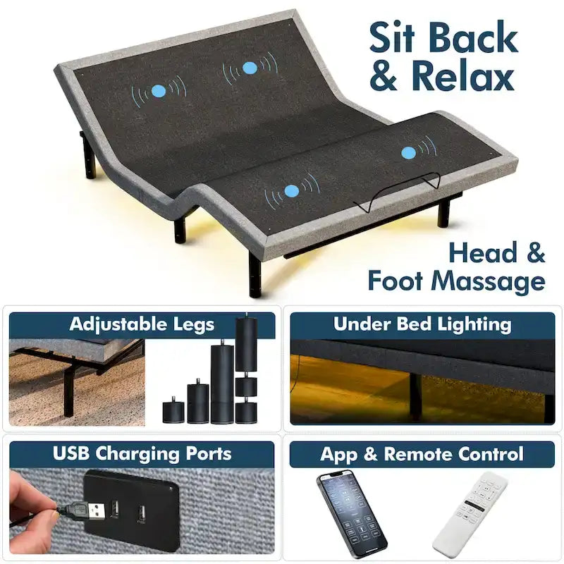 Adjustable Bed Frame with 12-Inch Memory Foam Mattress, Dual Massage and Remote Control