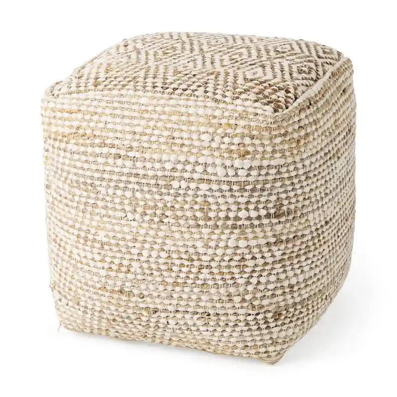 Cream & Beige Striped Hemp-Cotton Square Pouf