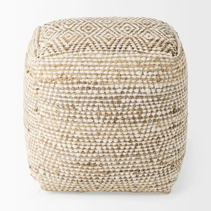 Cream & Beige Striped Hemp-Cotton Square Pouf