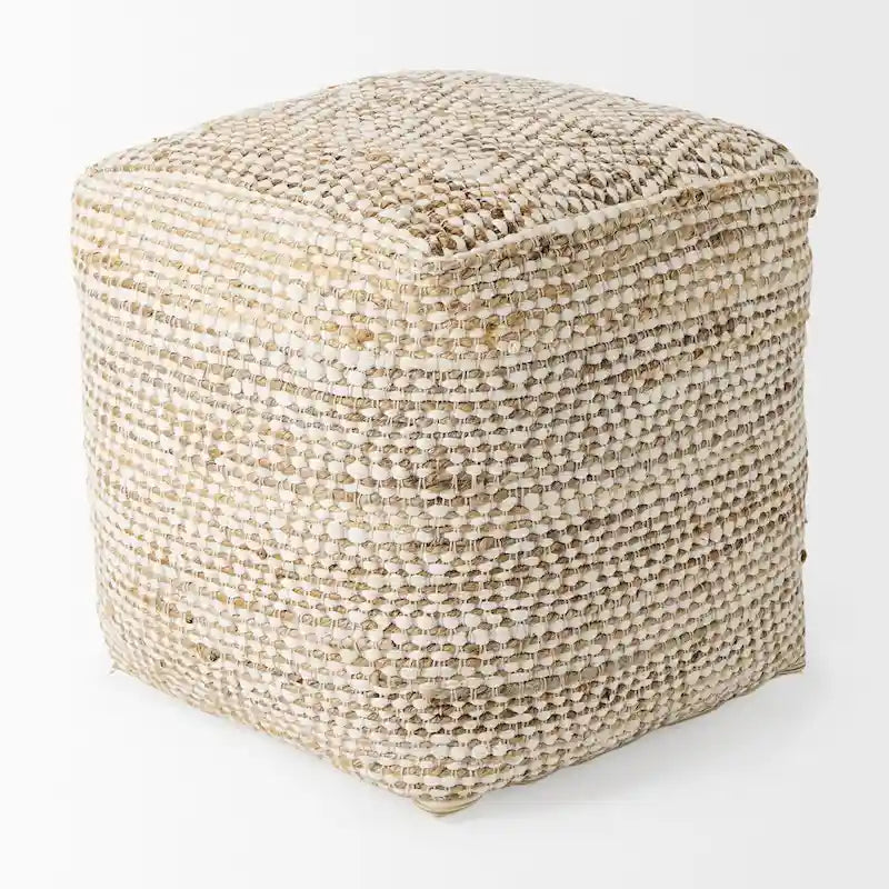 Cream & Beige Striped Hemp-Cotton Square Pouf