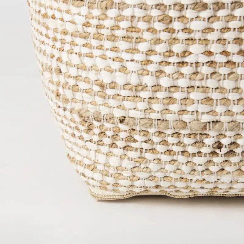 Cream & Beige Striped Hemp-Cotton Square Pouf
