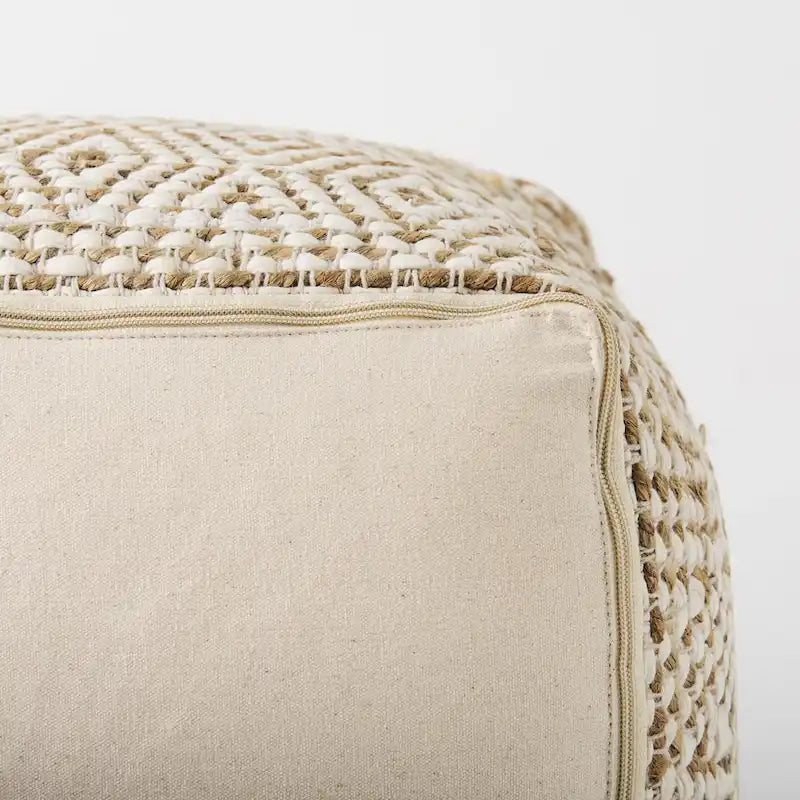 Cream & Beige Striped Hemp-Cotton Square Pouf