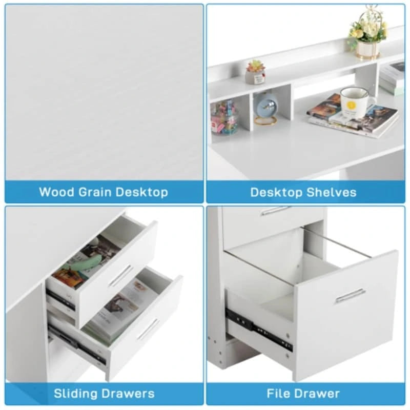 Modern Computer Desk with Drawers and Storage Shelves