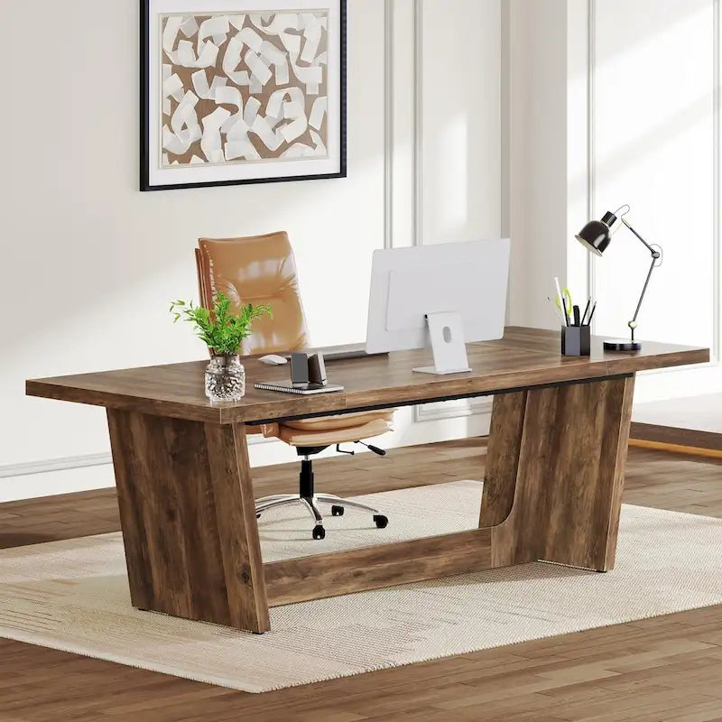 70.87-Inch Rustic Brown Wood Executive Desk
