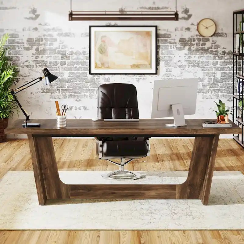 70.87-Inch Rustic Brown Wood Executive Desk
