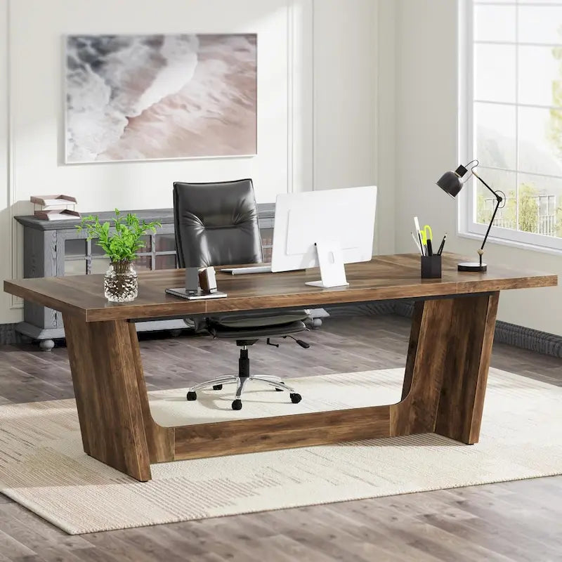 70.87-Inch Rustic Brown Wood Executive Desk
