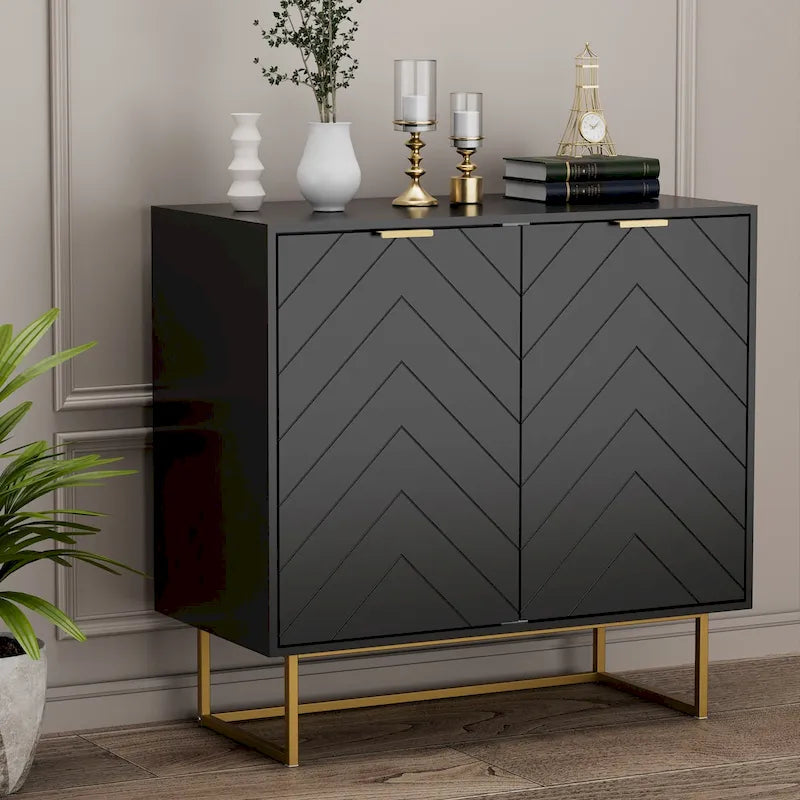 Two-Door Herringbone Storage Sideboard with Metal Base
