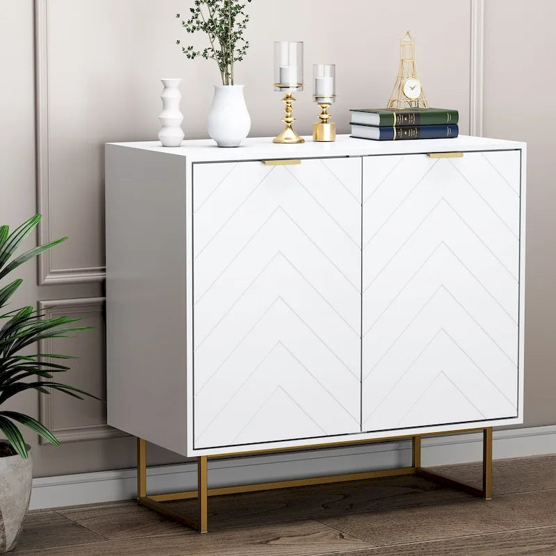 Two-Door Herringbone Storage Sideboard with Metal Base