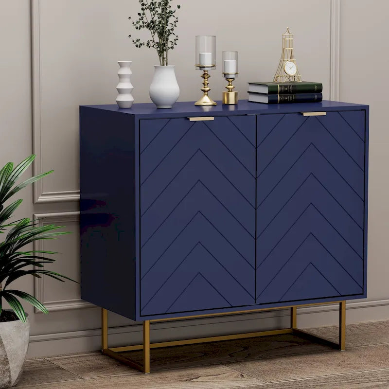Two-Door Herringbone Storage Sideboard with Metal Base