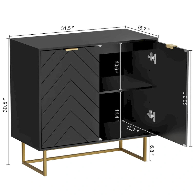 Two-Door Herringbone Storage Sideboard with Metal Base