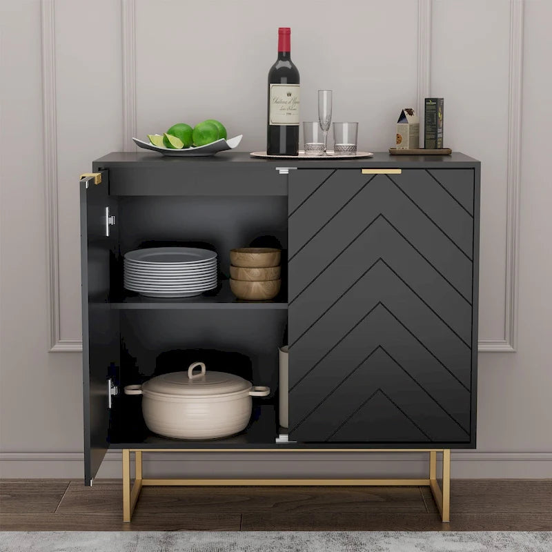 Two-Door Herringbone Storage Sideboard with Metal Base