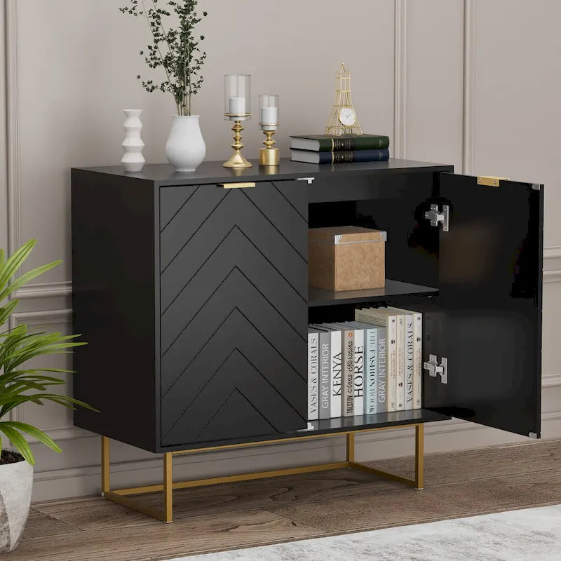 Two-Door Herringbone Storage Sideboard with Metal Base