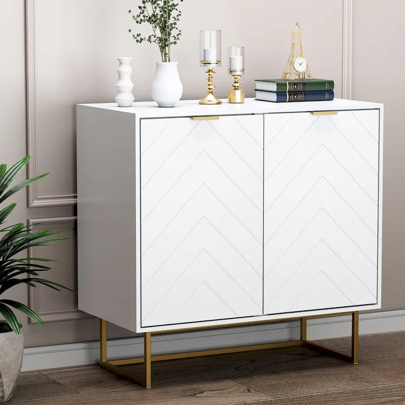 Two-Door Herringbone Storage Sideboard with Metal Base