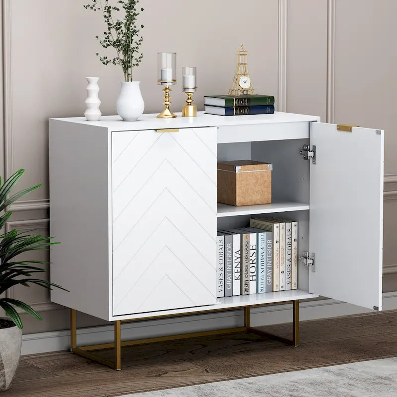 Two-Door Herringbone Storage Sideboard with Metal Base