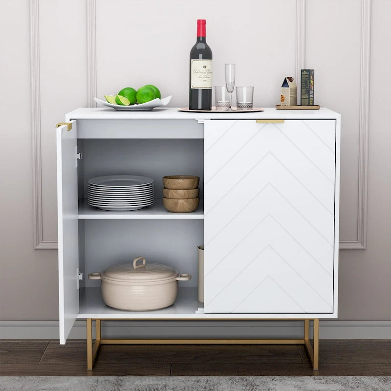 Two-Door Herringbone Storage Sideboard with Metal Base
