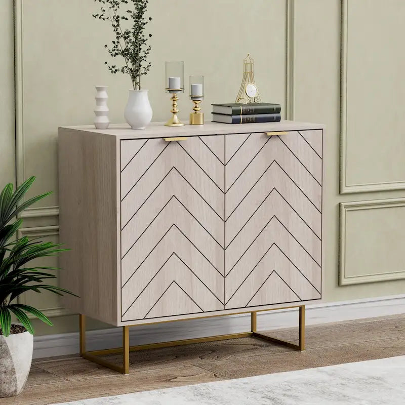 Two-Door Herringbone Storage Sideboard with Metal Base