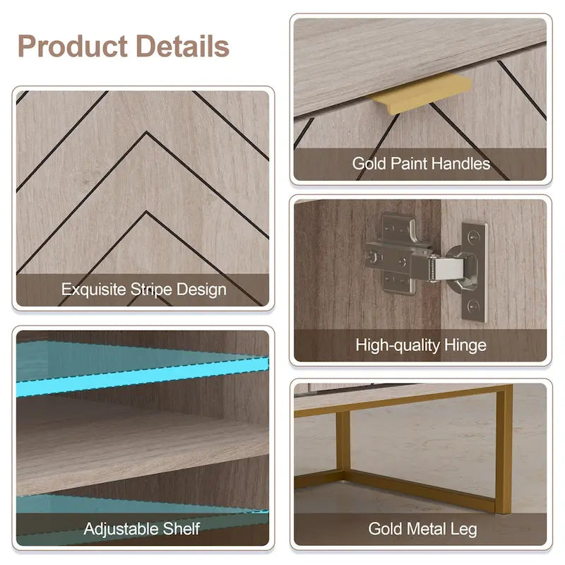 Two-Door Herringbone Storage Sideboard with Metal Base
