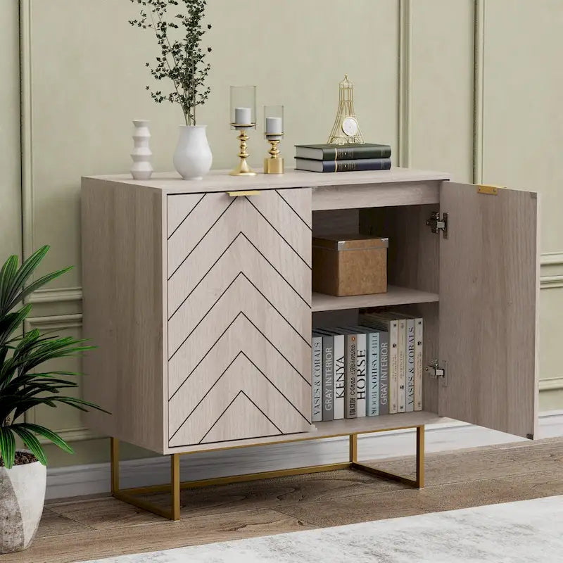 Two-Door Herringbone Storage Sideboard with Metal Base