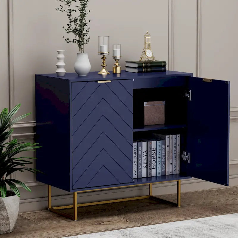 Two-Door Herringbone Storage Sideboard with Metal Base