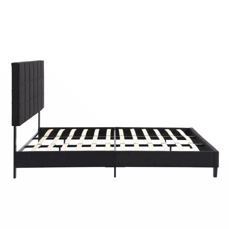 King Size Black Upholstered Platform Bed with Linen Headboard
