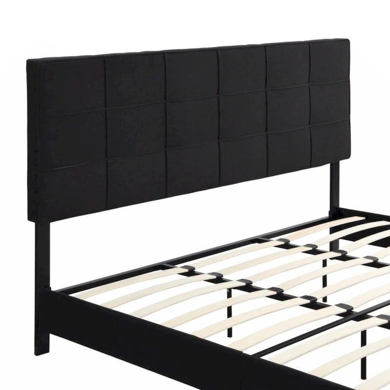 King Size Black Upholstered Platform Bed with Linen Headboard